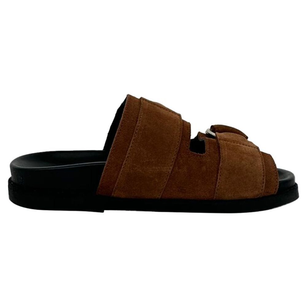 Ganni Double Strap Slides Sandals in Brown Suede